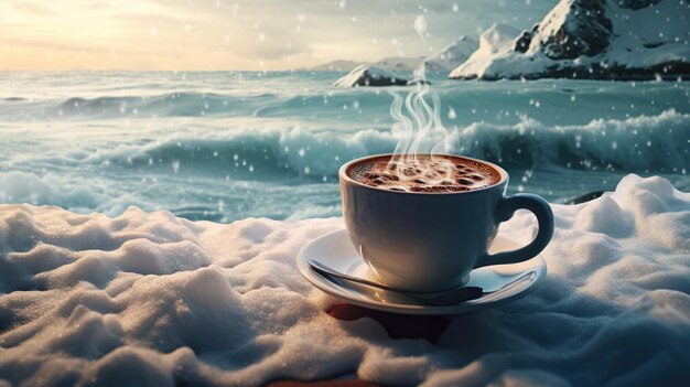 Photo hot chocolate of coffee on mug against winter background design