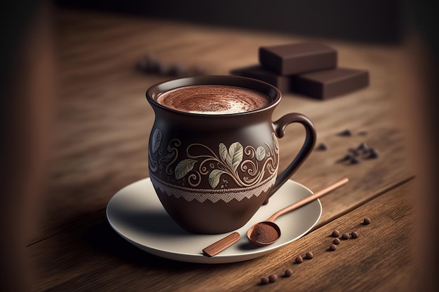 Foto tazza di cioccolata calda su un tavolo di legno