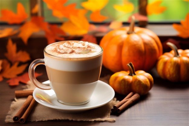 Hot chocolate drink with cream on window with autumn leaves and pumpkins