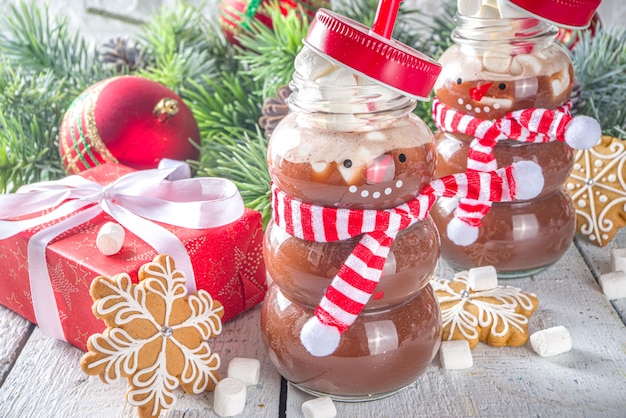 Hot chocolate in funny snowman bottles with marshmallow