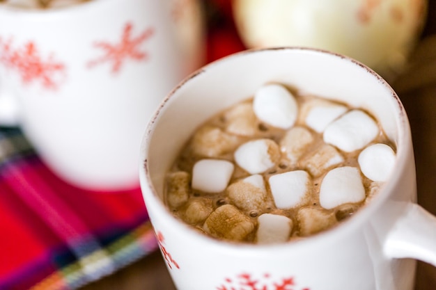 Hot chocolate garnished with small white marshmallows.