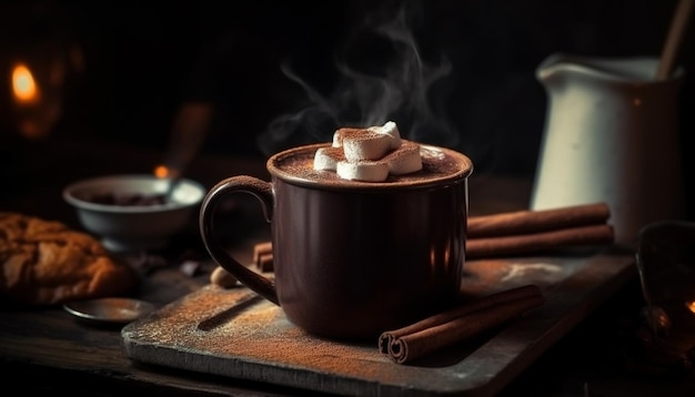 Hot chocolate and marshmallows on rustic wood generated by AI