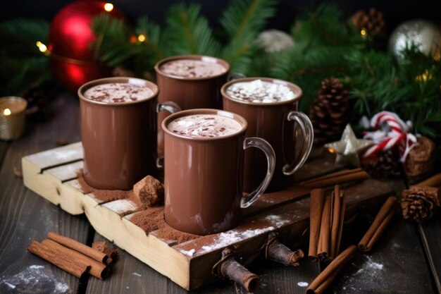 Photo hot chocolate in mugs placed on wooden slats with snow around