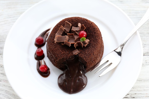 Hot chocolate pudding with fondant centre closeup