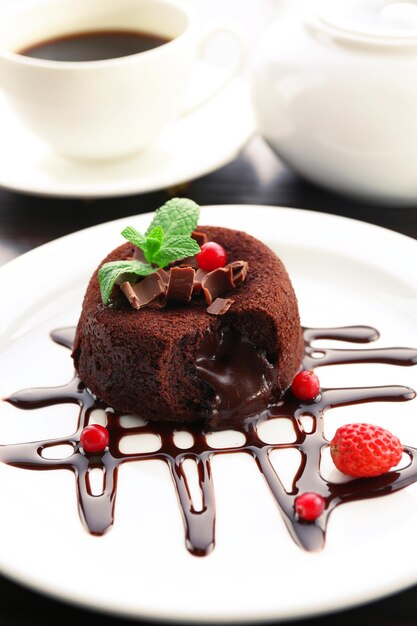 Hot chocolate pudding with fondant centre closeup