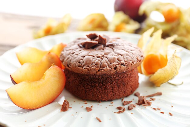 Hot chocolate pudding with fondant centre closeup