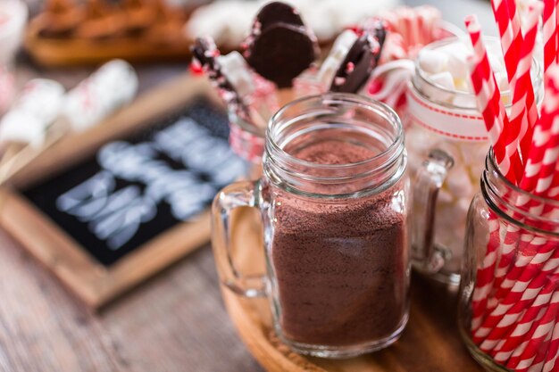 Hot chocolate station with variety of topppings.