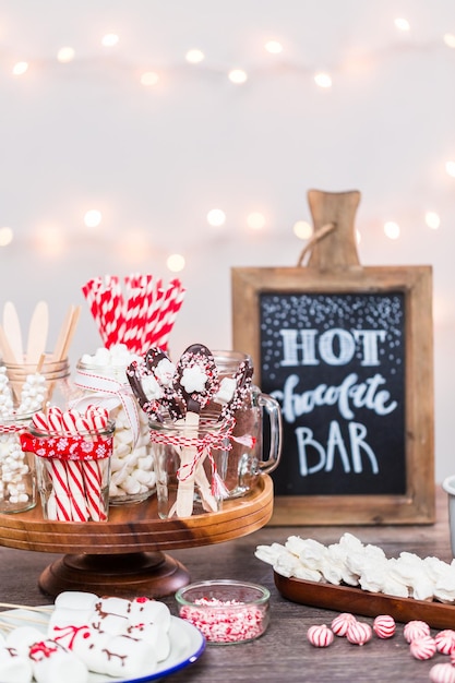 Hot chocolate station with variety of topppings.