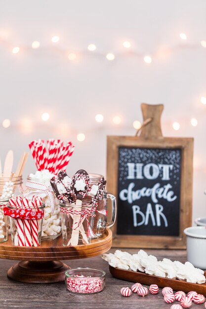 Hot chocolate station with variety of topppings.