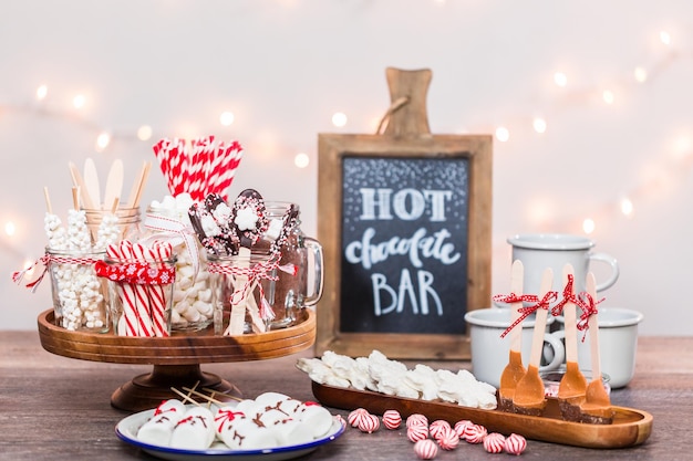 Hot chocolate station with variety of topppings.