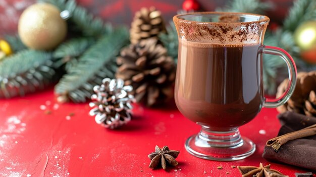 hot chocolate in transparent glass with Beautiful different Christmas decorations Generative Ai