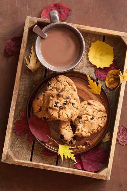 Hot chocolate warming drink cozy autumn leaves cookies