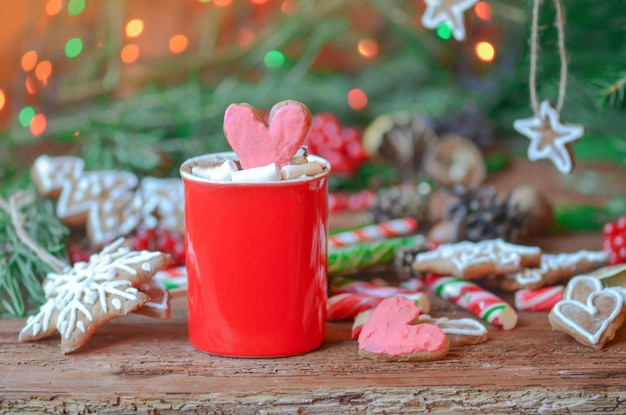 Hot chocolate with heart pink cookies for valentine's day Concept of Valentine's Day