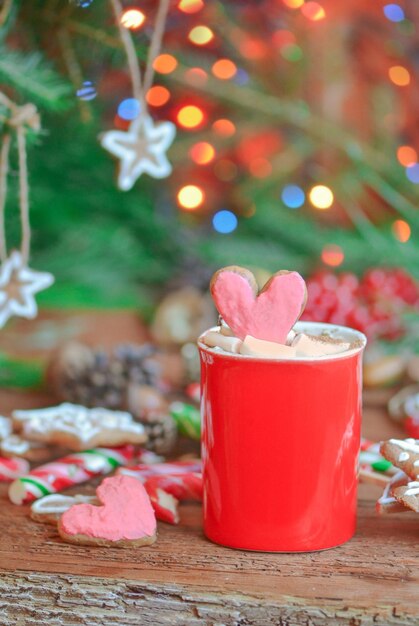 Hot chocolate with heart pink cookies for valentine's day Concept of Valentine's Day