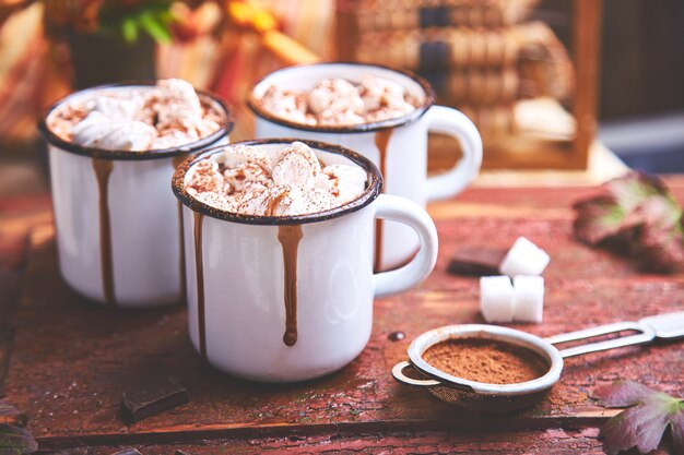 Hot chocolate with marshmallow candies on wooden.