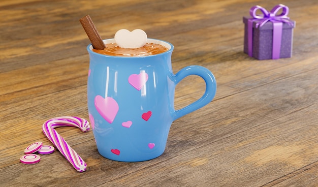 사진 마시멜로 하트와 로맨틱한 선물 상자가 있는 핫 초콜릿. 발렌타인 데이 데이트 장면