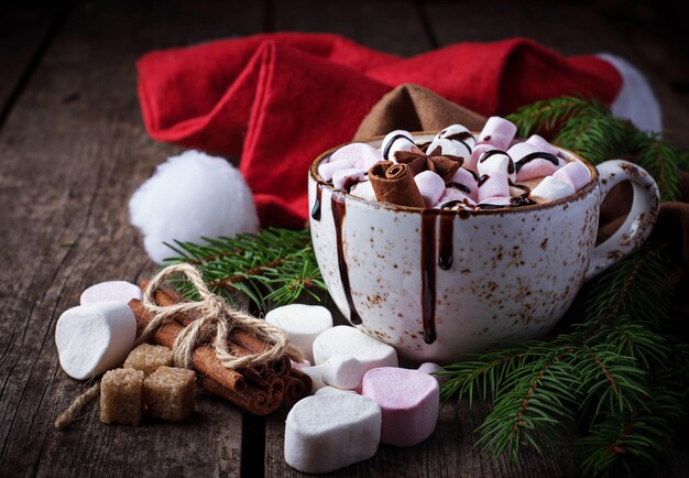 Hot chocolate with marshmallow. Selective focus