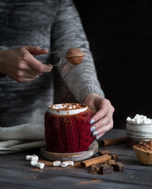 Hot chocolate with marshmallows Cinnamon sticks and cocoa Girl sprinkles cinnamon on hot chocolate