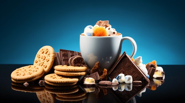 Hot chocolate with marshmallows and cookies on blue