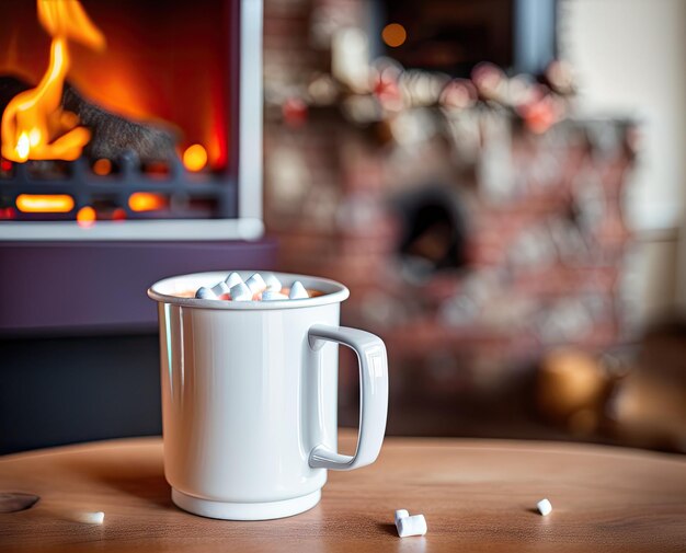 hot chocolate with marshmallows in a cup on a wooden table