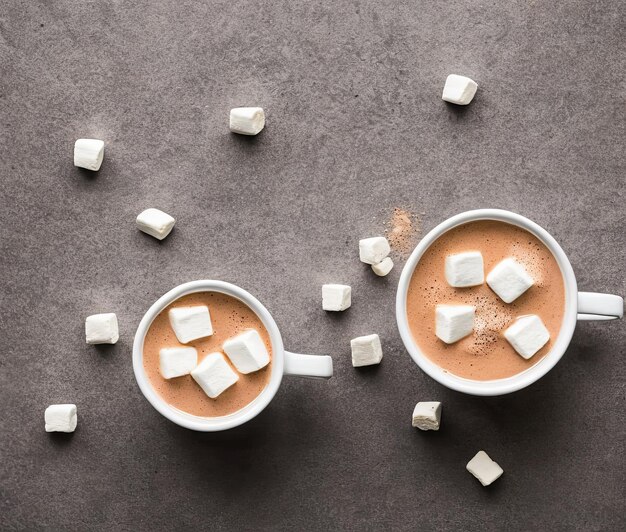 Foto cioccolata calda con marshmallow e marshmallow su sfondo grigio vista dall'alto piatto