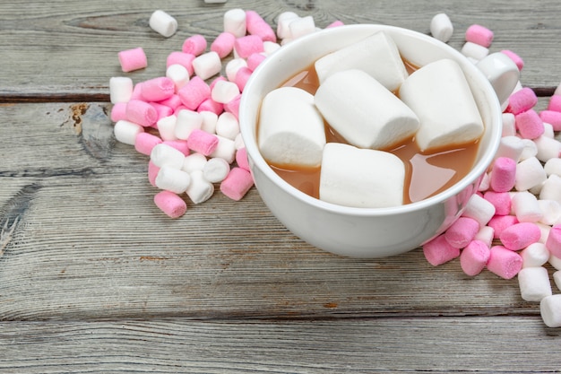 Hot chocolate with marshmallows on the table