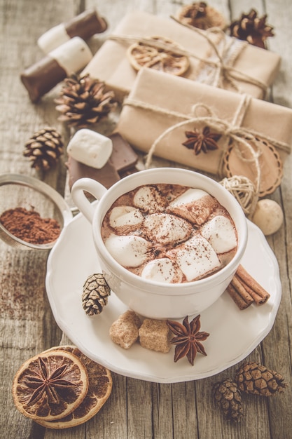 Hot chocolate with marshmallows in white cup