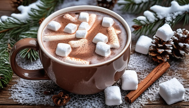 Hot chocolate with marshmallows on wooden table ai generated