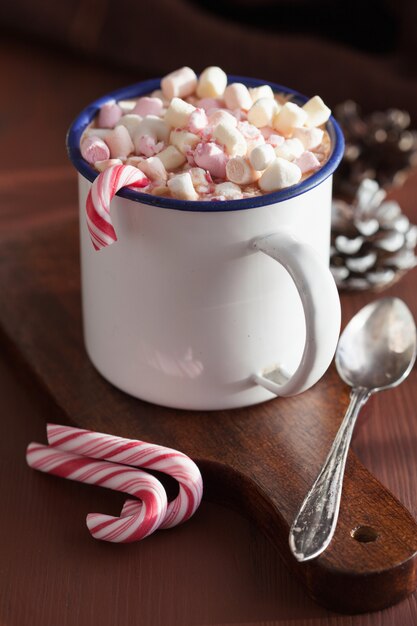 Hot chocolate with mini marshmallow candy cane