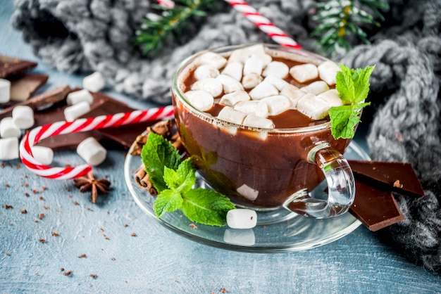 Hot chocolate with mint and marshmallows