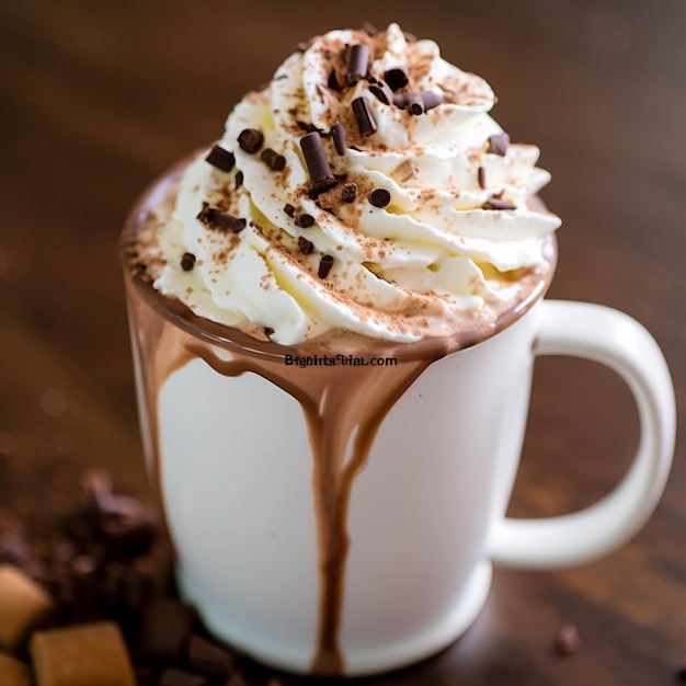 Hot chocolate with whipped cream and chocolate chips in a glass cup