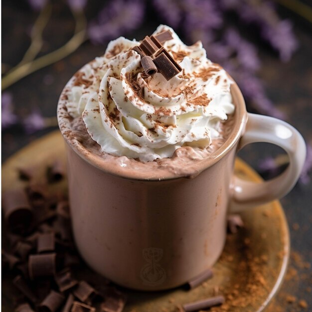 Hot chocolate with whipped cream and chocolate chips in a glass cup