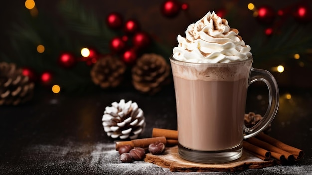 Hot chocolate with whipped cream in glass cups Dark background garland lights bokeh Generative AI