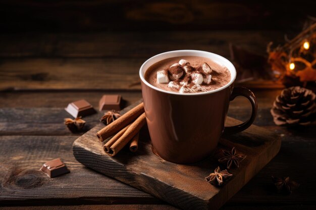 Photo hot chocolate on a wooden surface