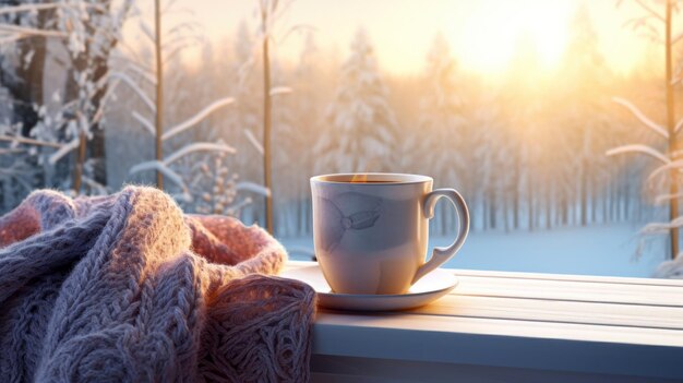 木製の窓際のホットチョコレートと冬の森の景色の折りたたまれたセーター
