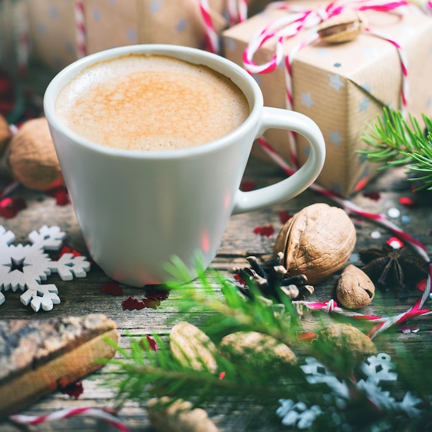 Hot Christmas Beverage in Cup Presents Background