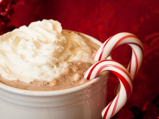 Photo hot cocoa with candy canes and few cookies.