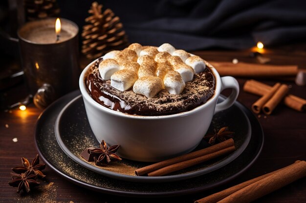 Hot Cocoa with Marshmallow on Plate Generative Ai