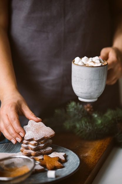 Hot cocoa with marshmallows and gingerbread cookies in female hands