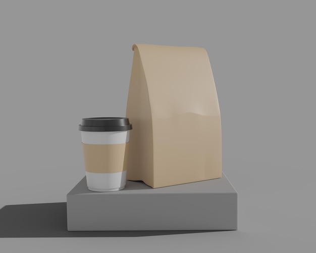 뜨거운 커피 검정 뚜껑과 종이 가방, 3d 렌더링 모형.