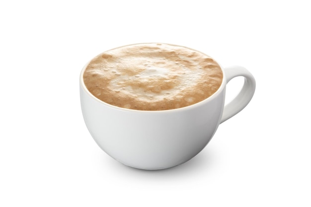 사진 흰색 배경에 고립 된 세라믹 흰색 컵에 뜨거운 커피 카푸치노