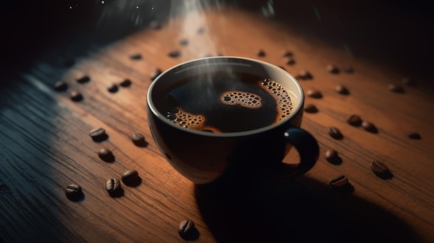 Hot coffee in coffee cups on dark background top view closeup