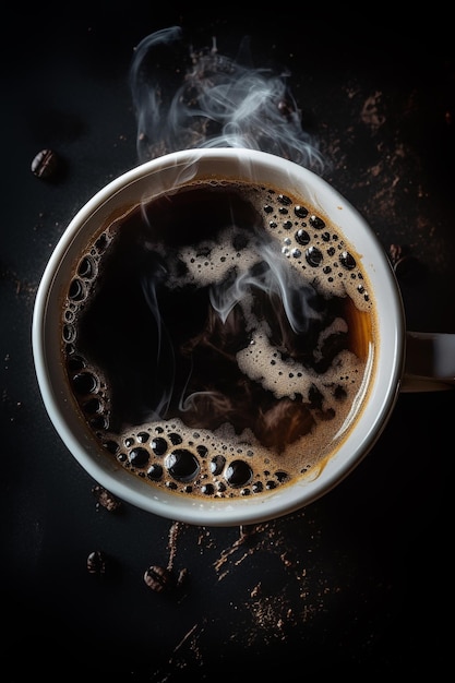 어두운 배경 위에서 커피 컵에 뜨거운 커피 클로즈업
