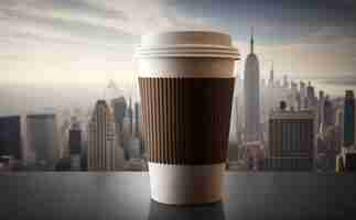 Photo hot coffee cup beverage at the top of a skyscraper building with city skylline background