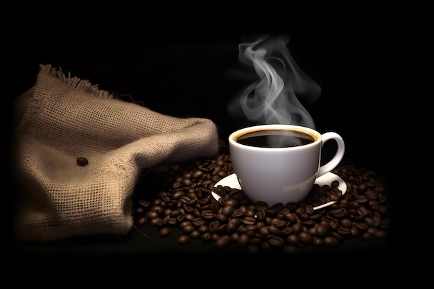 Hot coffee cup and coffee seeds Background wallpaper