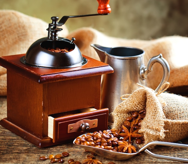 Hot coffee in a cup on an old background