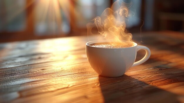 A hot coffee cup resting on a wooden surface its steam curling up AI Generative