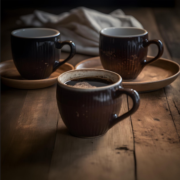 木製のテーブルの写真に設定されたホット コーヒー カップ