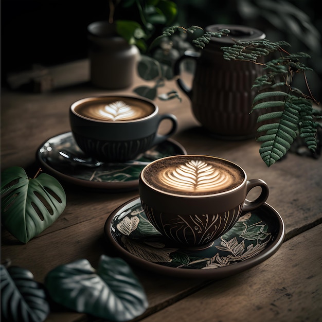 Photo hot coffee cup set on wooden table photography