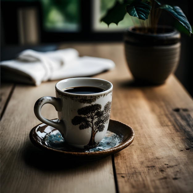 Hot coffee cup set on wooden table photography